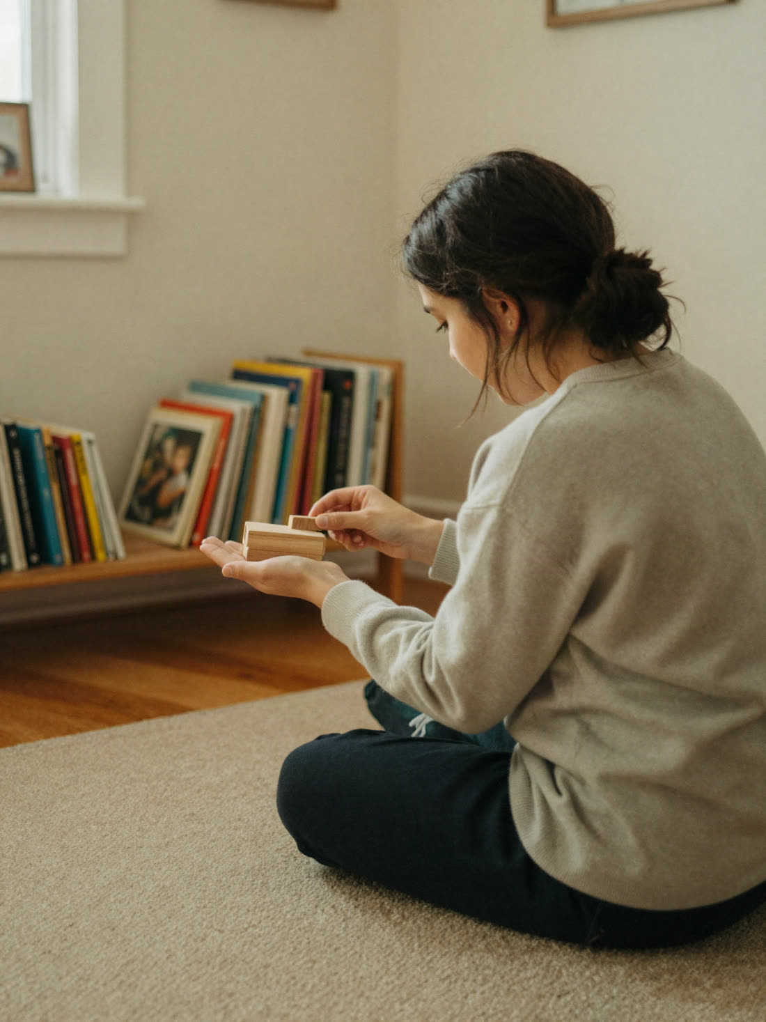 A woman kneeling on a rug at a small child's eye height, holding out a wooden block.