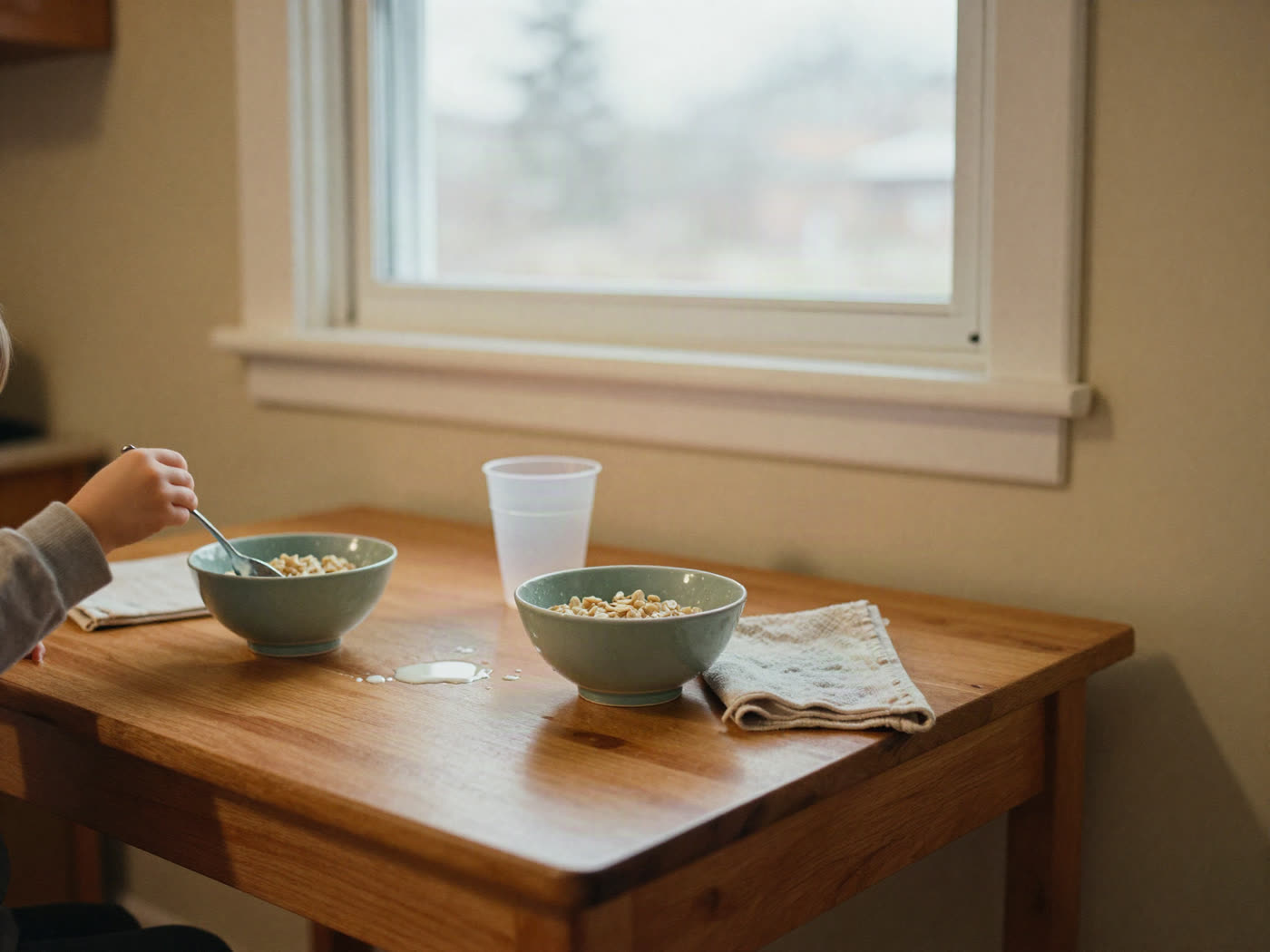 A kitchen table by a window with two bowls of oatmeal and a small hand reaching for a spoon.