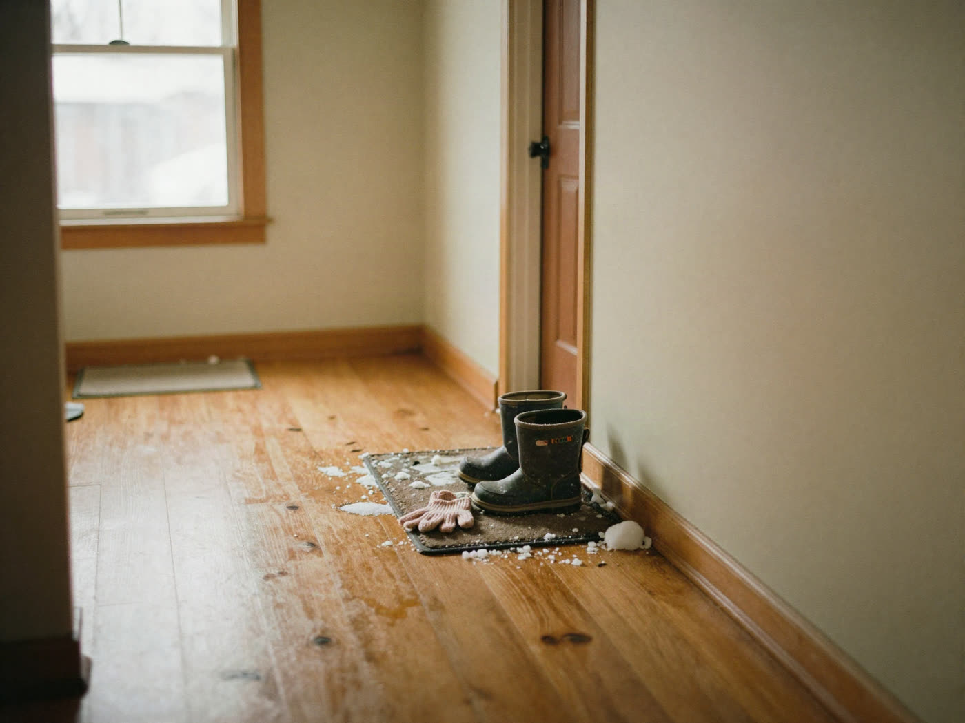 A winter entryway with small snow boots and a dropped mitten on a mat, melted snow around them.