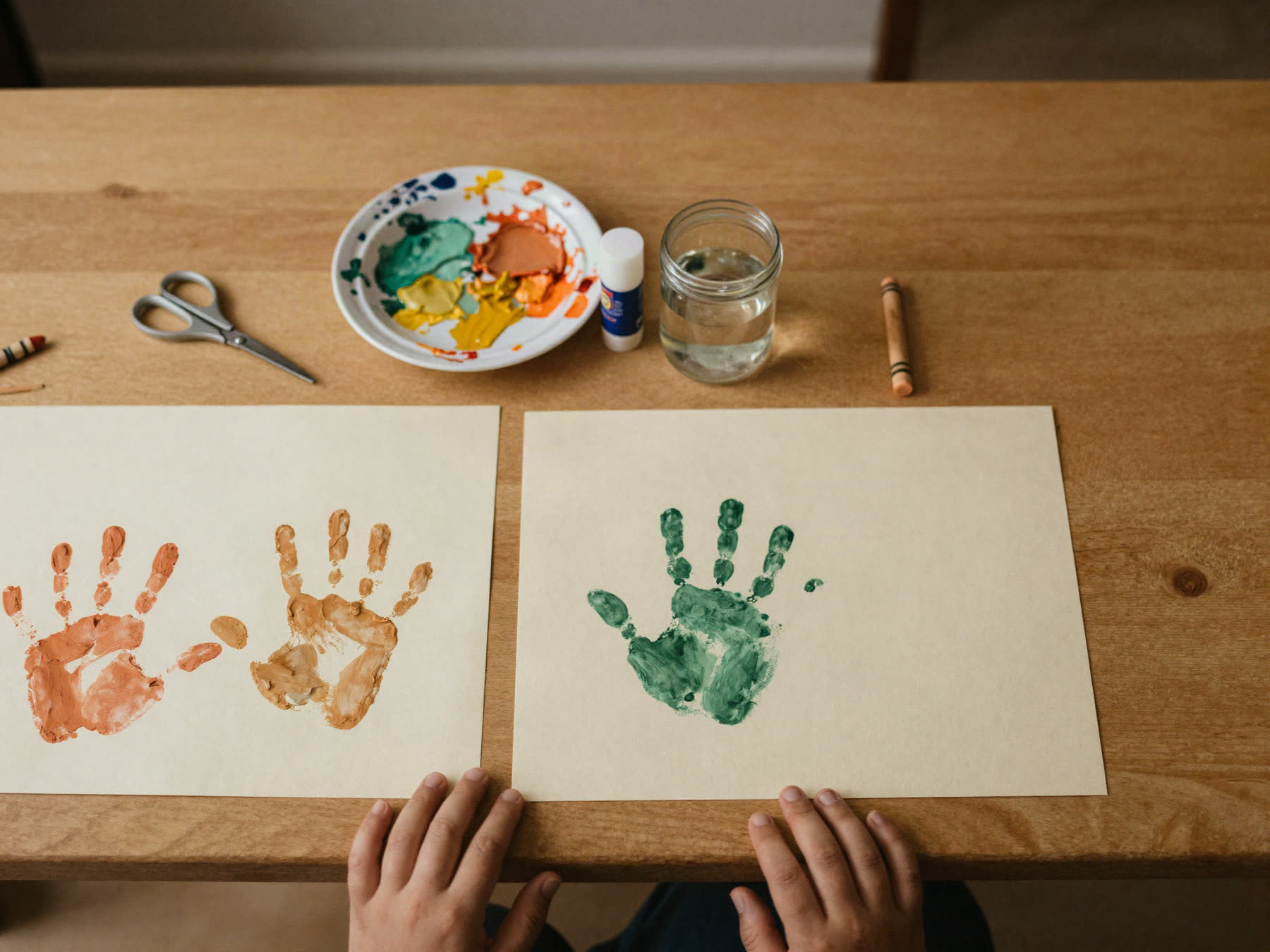 A craft table seen from above with drying child handprints in terracotta and green paint on thick paper.